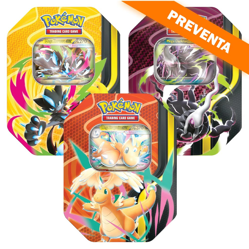 Pokémon TCG: Mega Forces Tin (Set de 3) (Mega Dragonite ex, Mega Drakrai ex y Mega Zeraora ex) PREVENTA