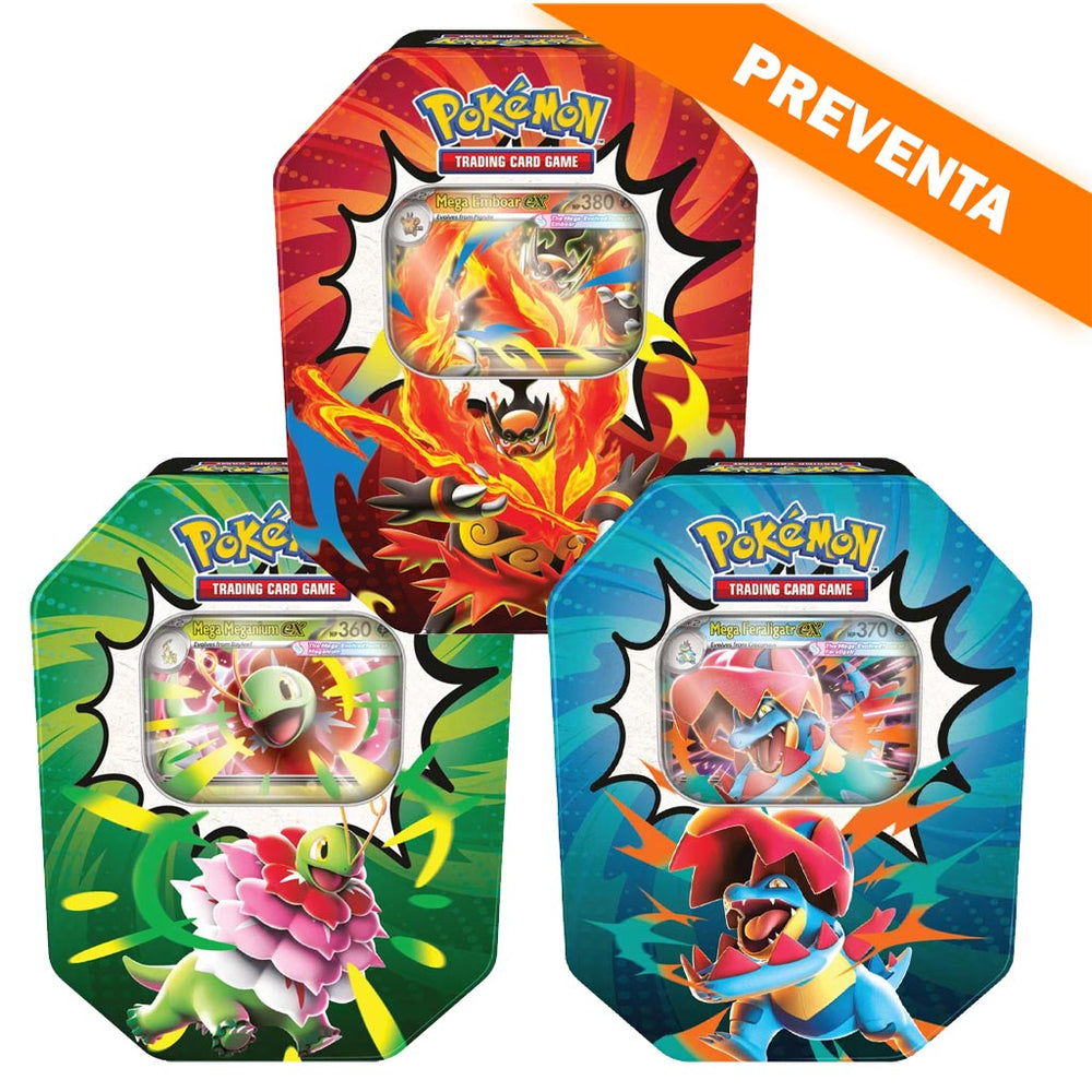Pokémon TCG: Mega Evolution: Ascended Heroes Tin (Set de 3) (Mega Meganium ex, Mega Emboar ex y Mega Feraligatr ex) PREVENTA